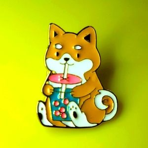 Pin: Dog drinking Boba, gold tone enamel pin